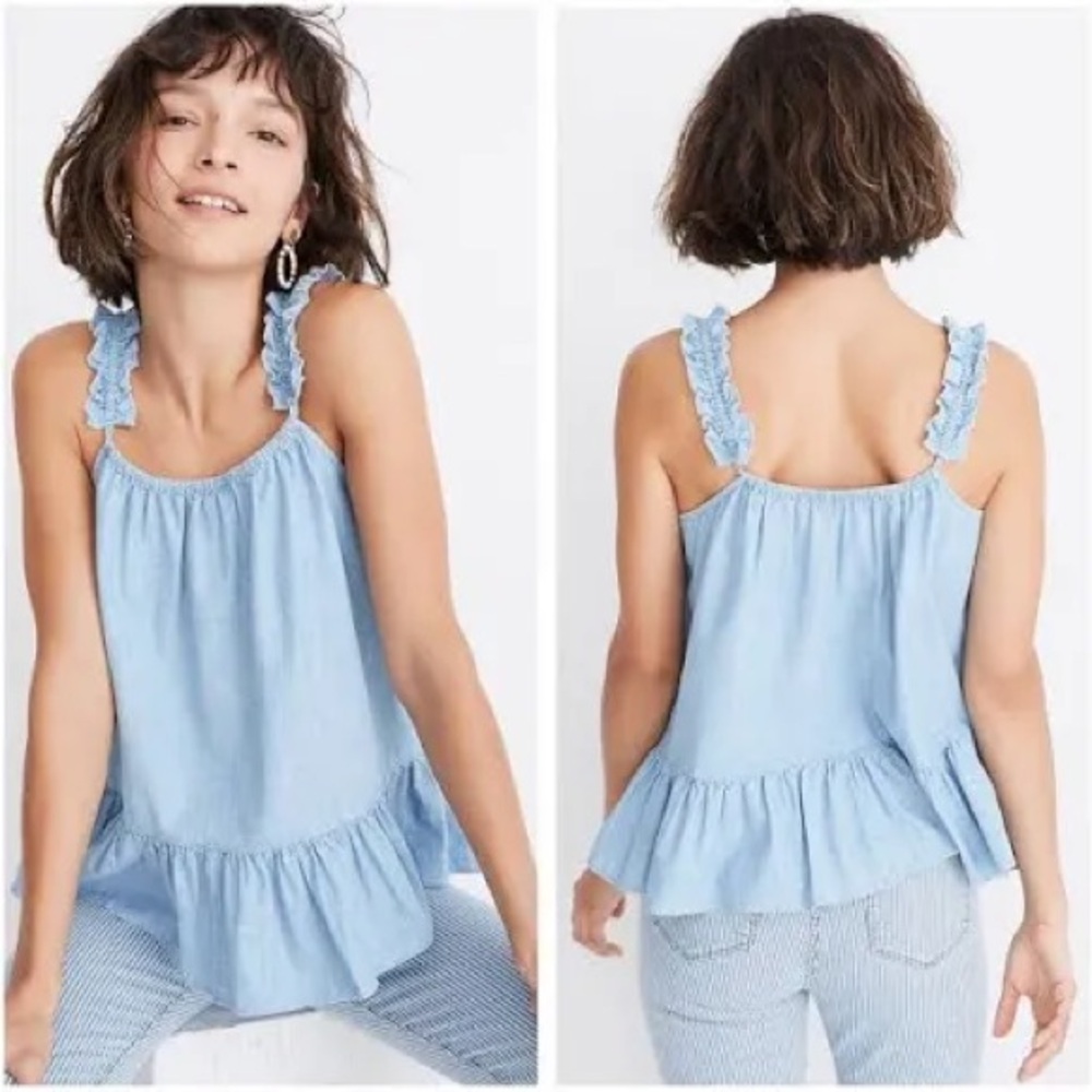 Madewell Denim Chambray Ruffle-Strap Cami Top 100% Cotton Size Large